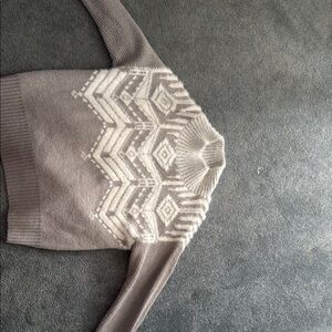 Gray and White Cowl Neck Sweater with Intricate Patterns